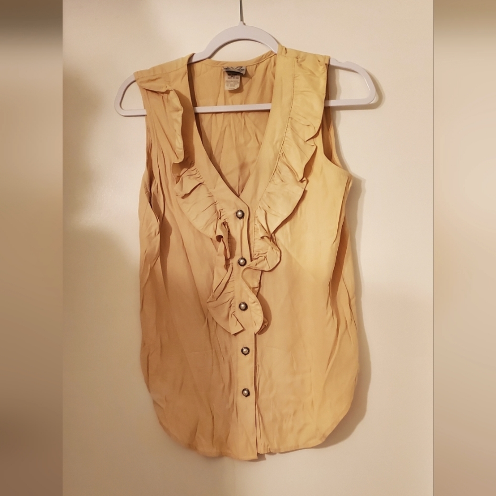 Ruffle V Neck Blouse Yellow Pearl Buttons Sleeveless Shirt w Deep V Neckline